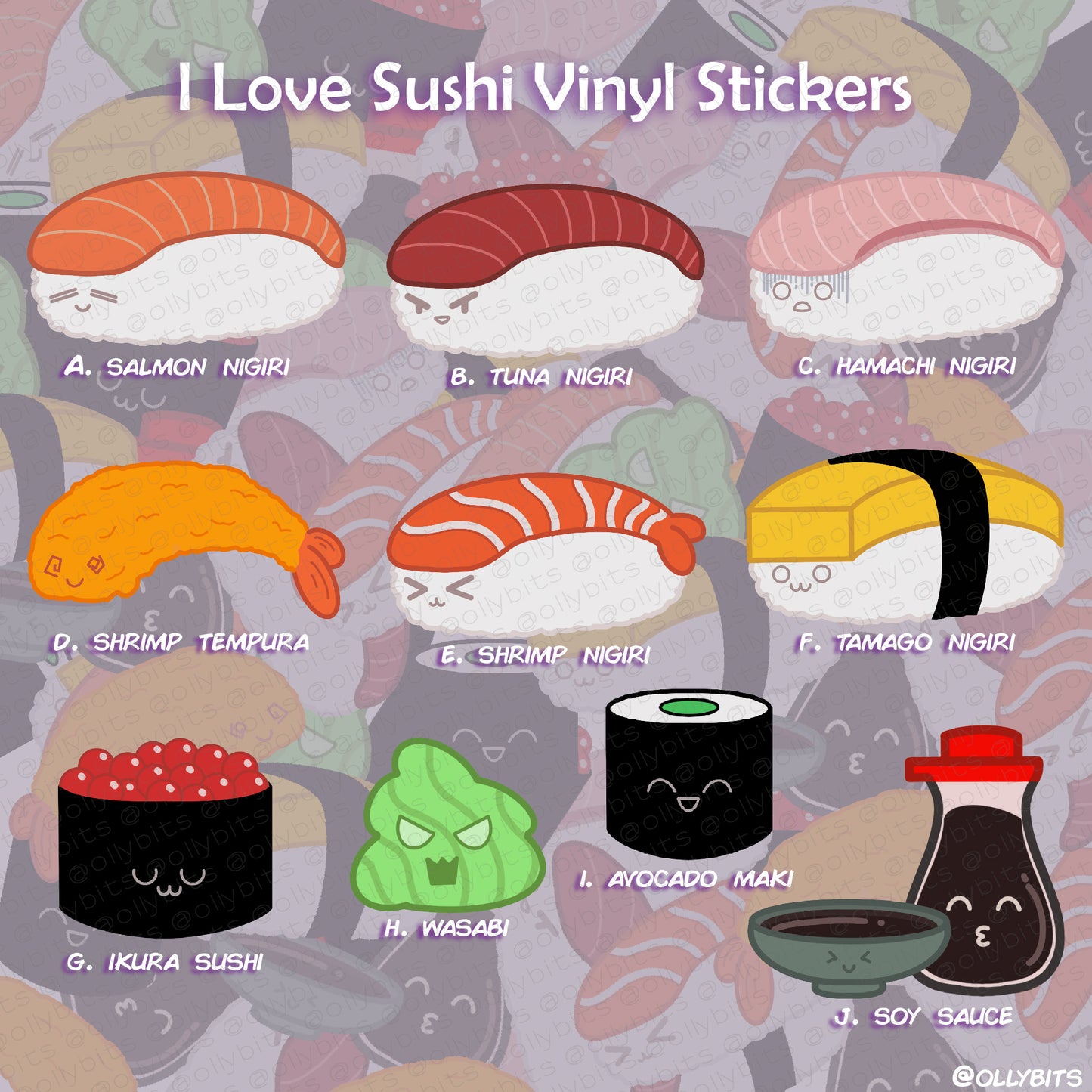 I Love Sushi Vinyl Sticker (2") Set Ollybits Pixel Art