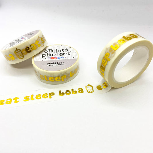 Eat Sleep Boba Washi Tape - GOLD FOIL Ollybits Pixel Art