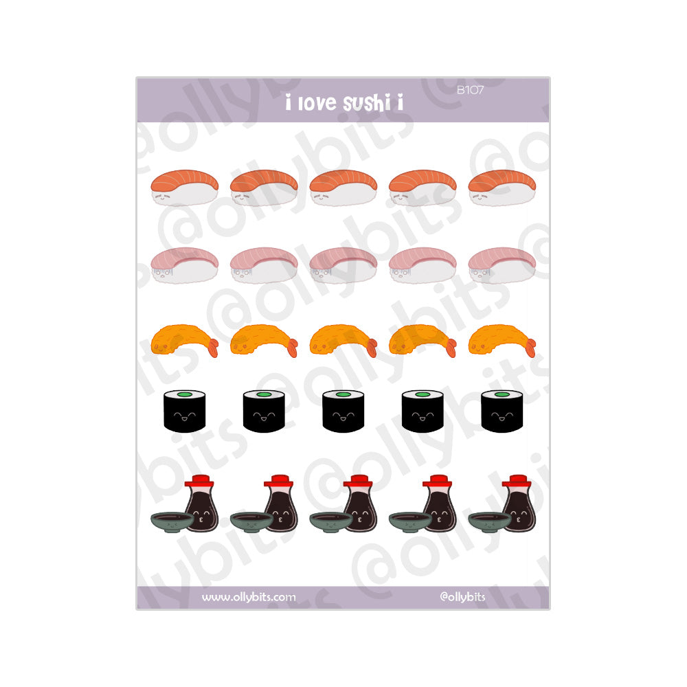 B107 - I Love Sushi 1 Sticker Sheet Ollybits Pixel Art