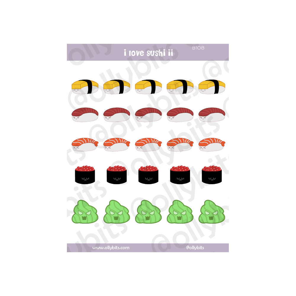 B108 - I Love Sushi 2 Sticker Sheet Ollybits Pixel Art